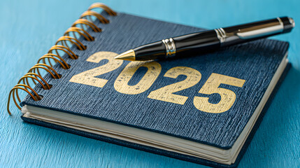 Notebook showing 2025 goals and pen on blue background