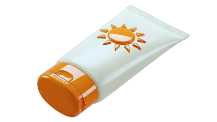 White Sunscreen Tube with Orange Cap and Embossed Sun Symbol on a Clean Isolated White Background Ready for Summer Skincare Protection and Sun Safety Advertising