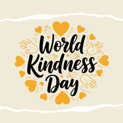 Fototapeta premium World Kindness Day lettering design with hearts and hand symbols on a gentle background to represent a global message of empathy and compassion