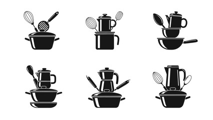Collection of Kitchen Utensils Icons Black Symbols Cookware Cooking Equipment Pot Pan Spoon and Whisk Vector Illustration Isolated on White Background