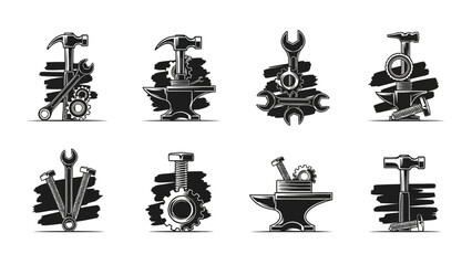 Set of Monochrome Vector Illustrations Featuring Tools Like Hammer Wrench Anvil and Gears Industrial and Mechanical Theme Repair Symbols