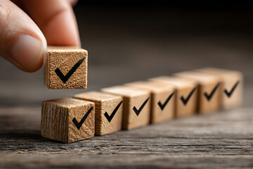 Checklist and task progress tracking concept. A hand placing the final checkmark on wooden blocks in a progress bar, task completion, productivity, goal setting, and efficient project management.