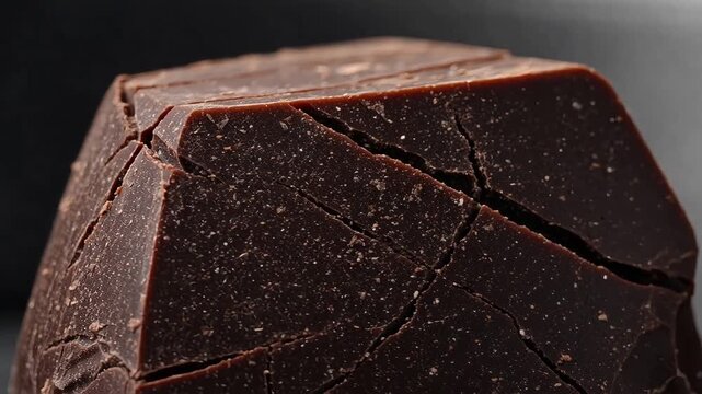 Extreme close up shot of a cracked piece of solid dark chocolate mass with macro detail
