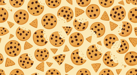 Delicious chocolate chip cookie seamless pattern on a light background for sweet food design assets