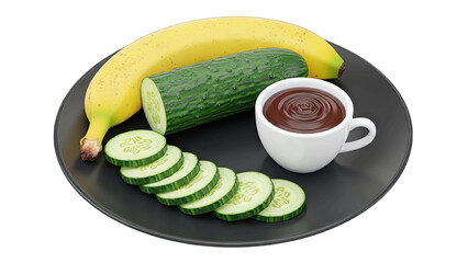 Whole Banana Sliced Cucumber and White Cup Filled With Chocolate Dip on Dark Plate Transparent Background Isolated Healthy Snack Ingredient Fresh Food Preparation