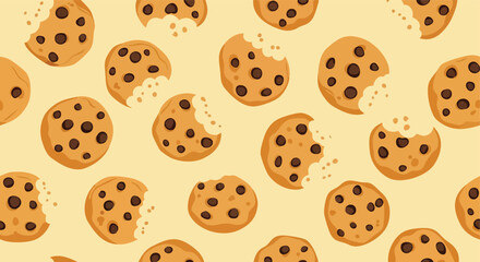 Delicious chocolate chip cookies scattered on a warm yellow background creating a playful sweet dessert pattern illustration