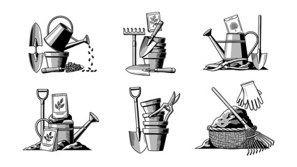 Set of gardening tools vector illustration in engraving style garden care equipment shovel rake watering can pot seeds trowel hand gloves gardener instrument © Md. Moniruzzaman