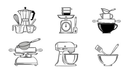 Set of kitchen utensils vector illustration cooking tools cookware baking equipment food preparation whisk measuring cups scales mixer culinary appliances