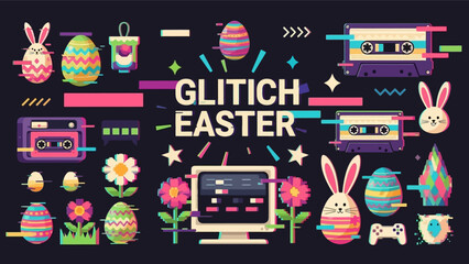 Naklejka premium Retro cyberpunk Easter banner featuring stylized rabbits, eggs, and vintage technology with glitch effects.