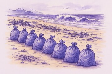 Environmental degradation highlighted by trash bags on a polluted beach contrasting with serene waves and distant mountains evoking urgency for ecological responsibility