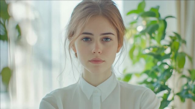 Young woman in business attire practicing meditation with eyes closed and hands clasped together.