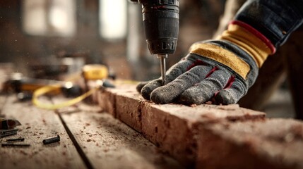 Worker wearing a protective glove using an electric drill to create a hole in a brick, generating dust and debris, showcasing focused effort and manual labor during a construction or diy project
