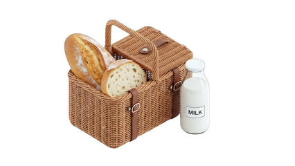 Wicker Picnic Basket Filled With Crusty Bread and Milk Bottle on Transparent Background