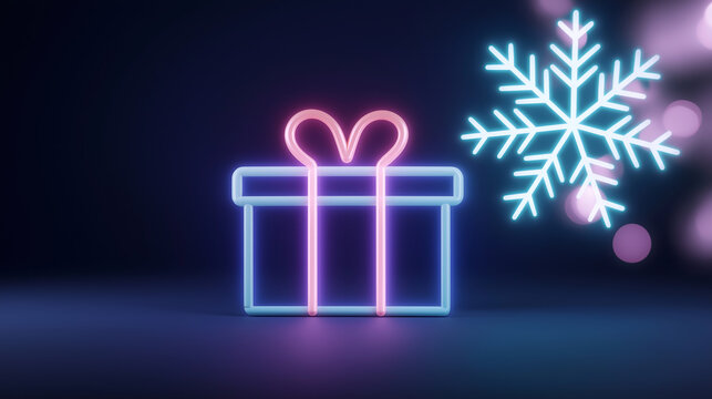 Neon Christmas gift box with snowflake on a dark background