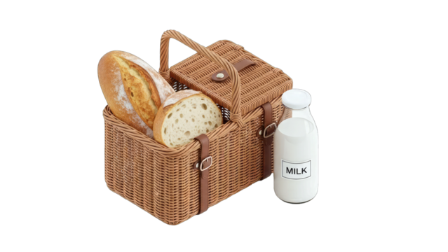 Wicker Picnic Basket Filled With Crusty Bread and Milk Bottle on Transparent Background