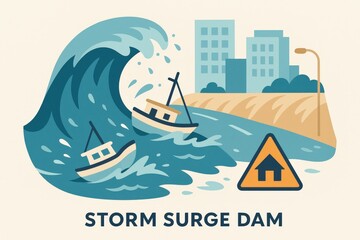 Dramatic tsunami storm surge wave crashing against storm surge dam in urban environment with boats in peril and flood warning sign illustrating coastal resilience and climate challenges