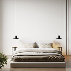 Cloud dancer trend color of the year 2026 - white tone clean minimal bedroom. Empty painted wall canvas art. Mockup light background interior design rich home or hotel. Accent color scene. 3d render