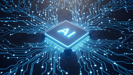 Glowing blue artificial intelligence chip with circuit board traces symbolizing advanced technology and digital processing power in a dark setting
