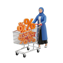 Woman in Blue Hijab Pushing Shopping Cart Filled with Orange Percent Signs on a Clean White Background Represents Discounts and Sales