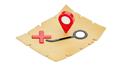 3D Illustration Of A Faded Treasure Map With A Red Location Pin And A Route To A Red Cross Marker On A Transparent Background.