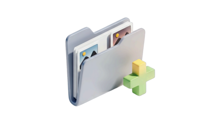 3D Illustration of a Gray Folder with Images and a Green Plus Sign on a Transparent Background Representing Adding New Files or Creating Folders