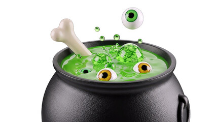 Witch's Cauldron Bubbling Bright Green Potion with Floating Eyeballs and Bone on a Clean White Background Spooky Halloween Potion