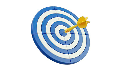 Yellow Dart Hitting Center Bullseye on Blue and White Target Board Isolated on Transparent Background