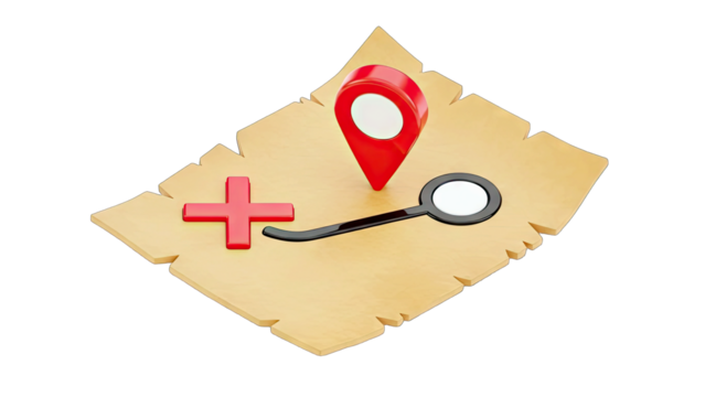 3D Illustration Of A Faded Treasure Map With A Red Location Pin And A Route To A Red Cross Marker On A Transparent Background.