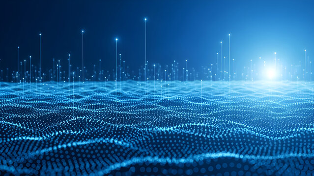 Abstract digital landscape of glowing blue particles forming a wavy surface with light beams rising towards a bright light source in a dark blue background