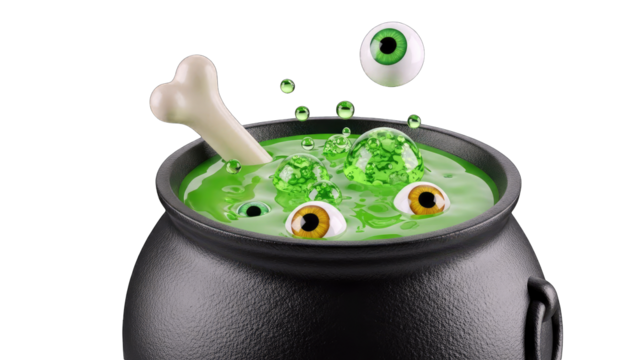 Witch's Cauldron Bubbling Bright Green Potion with Floating Eyeballs and Bone on a Clean White Background Spooky Halloween Potion