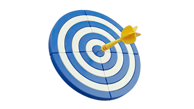 Yellow Dart Hitting Center Bullseye on Blue and White Target Board Isolated on Transparent Background