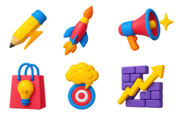 Dynamic Marketing Icons. 3D icon set of creative marketing energy: pencil with lightning bolt, rocket paintbrush combo, megaphone