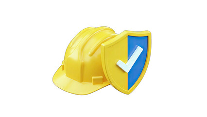 Yellow Hard Hat Safety Helmet Next To A Blue And Yellow Shield With White Check Mark Symbol On Transparent Background 3D Render