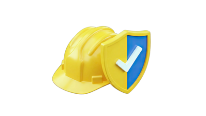 Yellow Hard Hat Safety Helmet Next To A Blue And Yellow Shield With White Check Mark Symbol On Transparent Background 3D Render