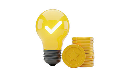 Yellow Lightbulb Illuminated With A White Check Mark Symbol Beside A Stack Of Golden Coins Representing A Successful Idea Or Business Concept On A Transparent Background