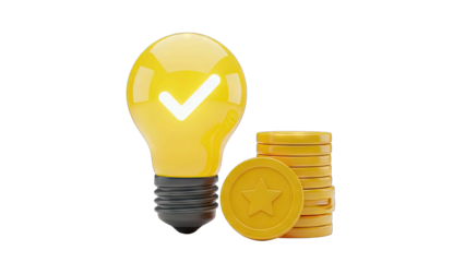 Yellow Lightbulb Illuminated With A White Check Mark Symbol Beside A Stack Of Golden Coins Representing A Successful Idea Or Business Concept On A Transparent Background