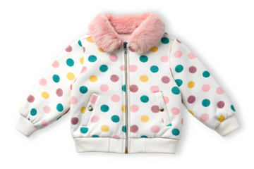 Children s polka dot jacket with pink fur collar isolated on transparent background