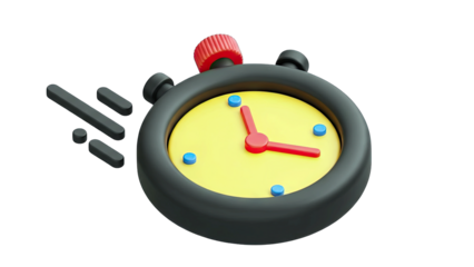 3D Render of a Stopwatch in Motion With Yellow Face Red Hands and Blue Markers Against a Transparent Background Illustrating Speed and Time Management