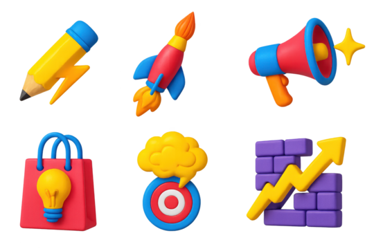 Dynamic Marketing Icons. 3D icon set of creative marketing energy: pencil with lightning bolt, rocket paintbrush combo, megaphone