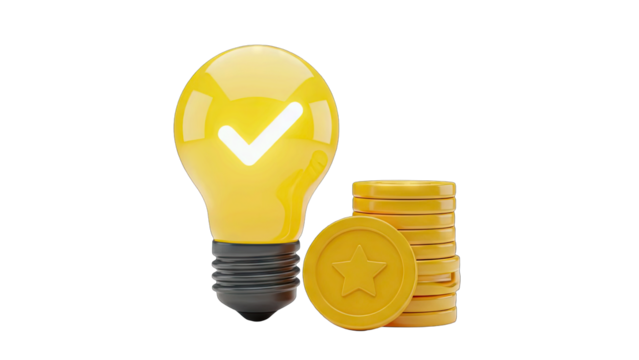 Yellow Lightbulb Illuminated With A White Check Mark Symbol Beside A Stack Of Golden Coins Representing A Successful Idea Or Business Concept On A Transparent Background