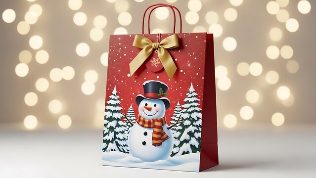 A red Christmas gift bag featuring a snowman, trees, and a gold bow, set against a backdrop of blurred bokeh lights. - Powered by Adobe