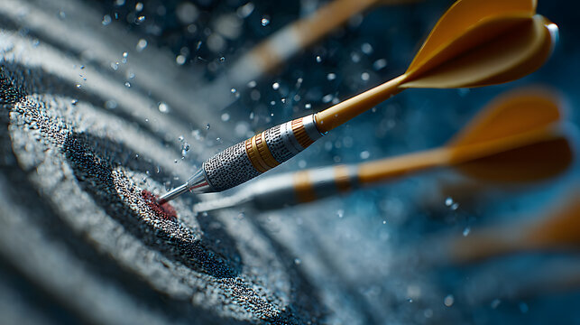 a powerful image of darts striking the bullseye, symbolizing the accuracy and determination of goal setting and success meditation, with a dynamic and energetic composition