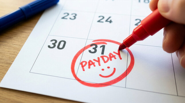 Hand marking calendar with red marker highlighting payday on the last day of the month - Powered by Adobe