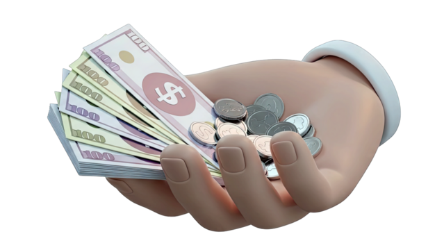 3D Render Of A Stylized Cartoon Hand Holding Stack Of Banknotes And Coins Against A Transparent Background