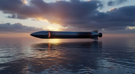 A futuristic metallic rocket soaring above a serene ocean at twilight illuminating the water