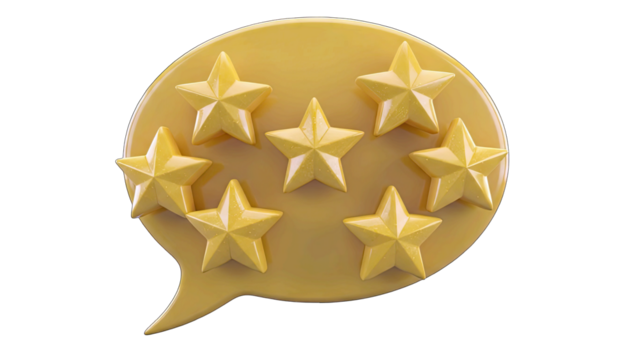Yellow Speech Bubble Filled With Golden Stars Representing Excellent Customer Feedback And Positive Reviews Isolated On A White Background With A Transparent Background Overlay