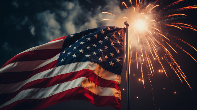 Waving vintage American flag with spectacular fireworks bursting at night. Symbolizes patriotism, independence day, 4th of July celebration, and national pride events. - Powered by Adobe