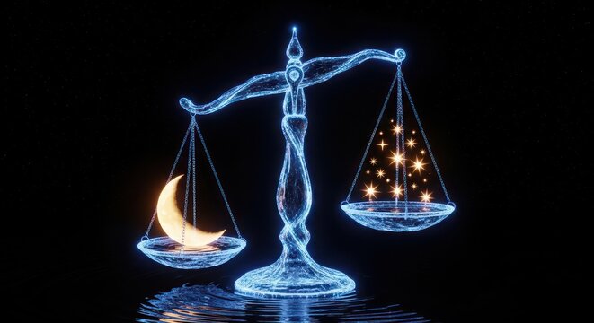 Scales of celestial balance juxtaposing lunar glow with starlight radiance in the cosmos