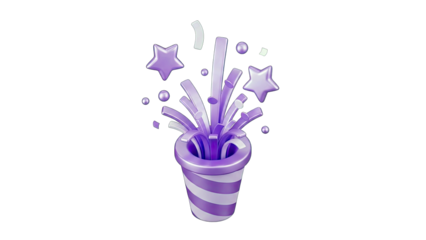 3D Rendered Purple Party Popper Exploding with Confetti Stars and Streamers on a Clean White Background Festive Celebration Element
