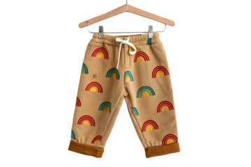Children s beige pants with rainbow pattern isolated on transparent background